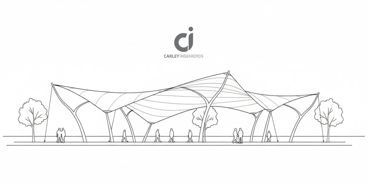 Render de ingeniería de una tensoestructura diseñada por Carley Ingenieros